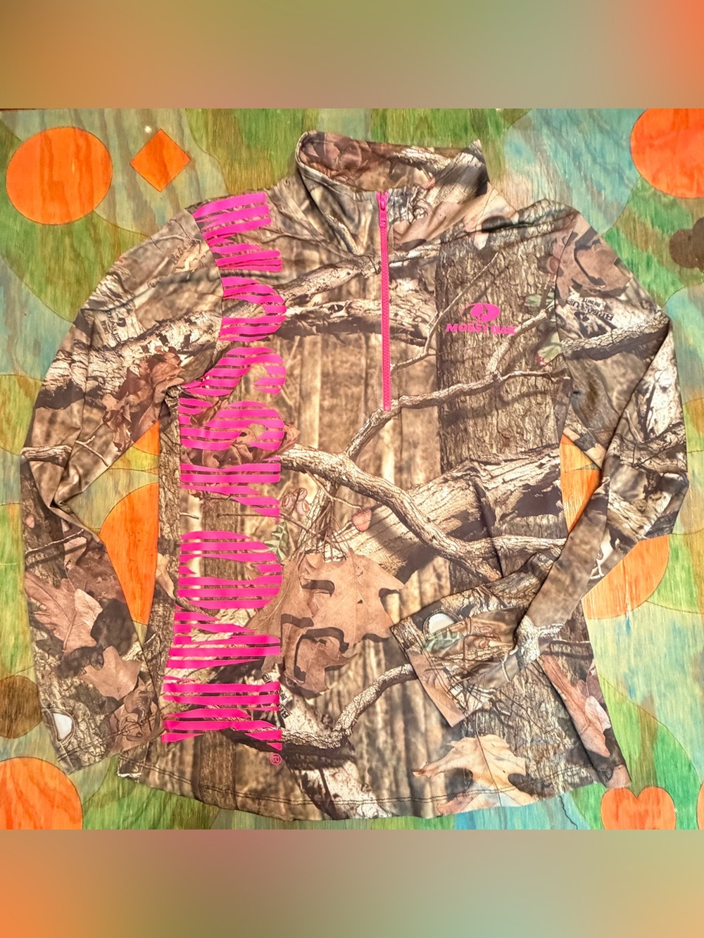 Mossy Oak Breakup Shirt Womens XL Camo 1/4 Zip Pink Spell Out Logo Outdoor Hunti